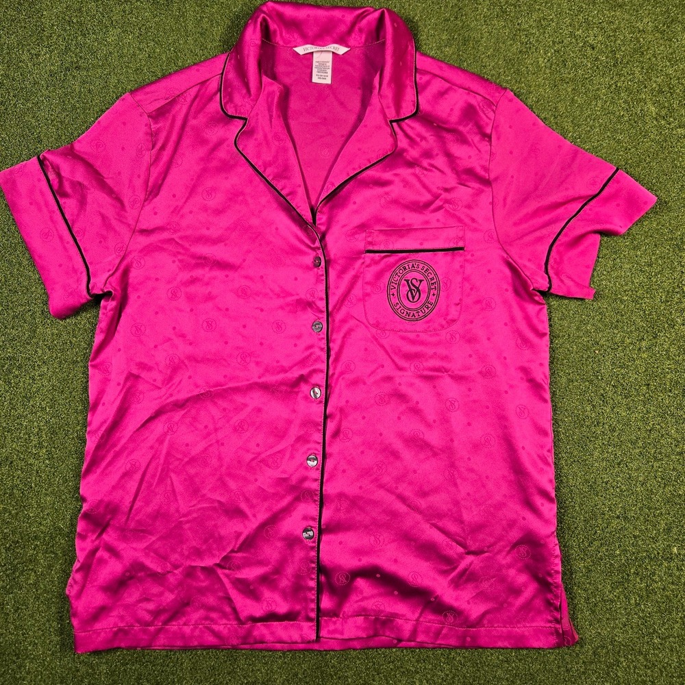 Victoria's Secret XS Pink Satin Logo Pajama Set Button-Front Short Sleeve